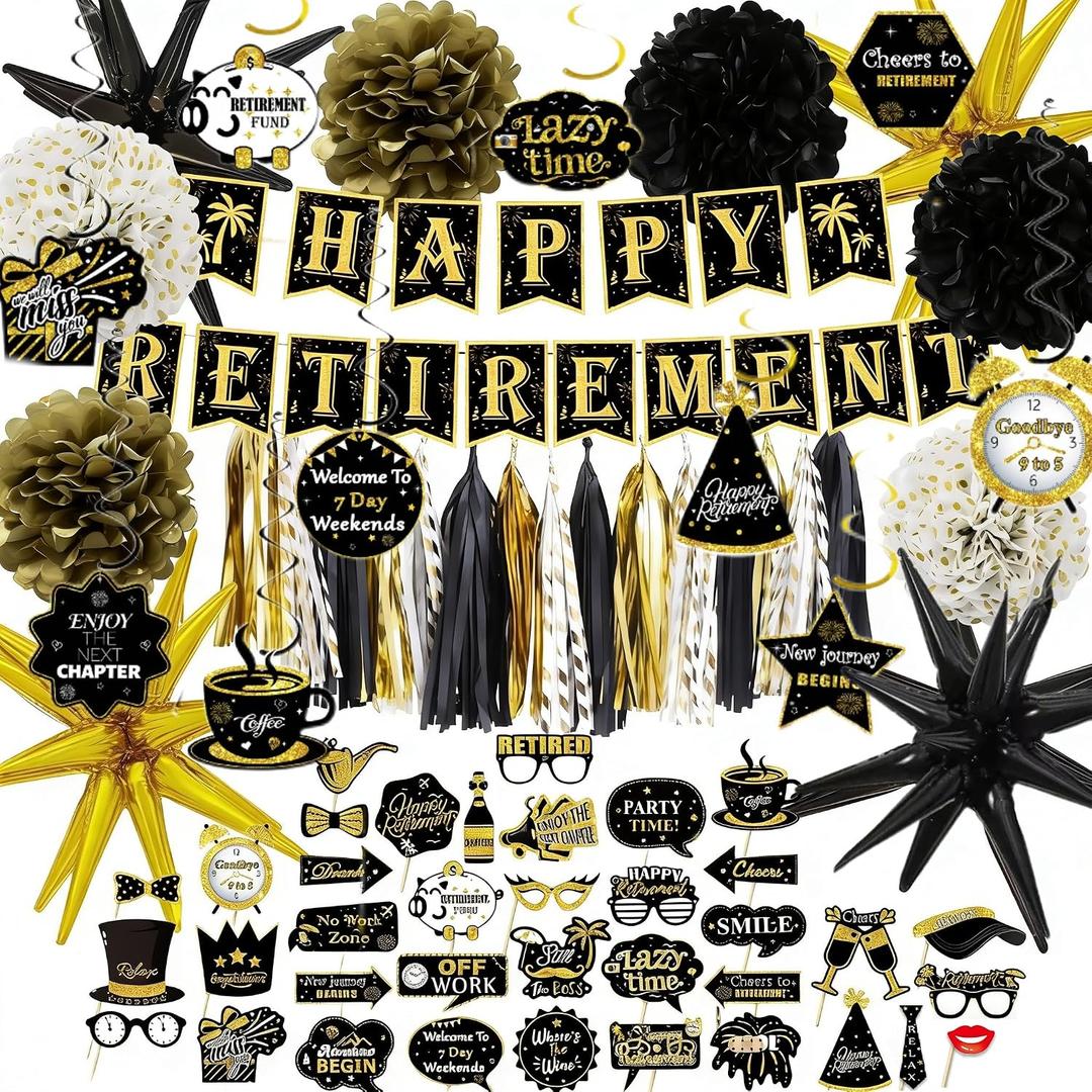 Retirement Party Decorations Set, Happy Retirement Banner, Photobooth Prop, Balloons, Pompoms, Hanging Swirls, Black and Gold, Rose Gold, Blue and Silver, 83 Pieces (Black & Gold)