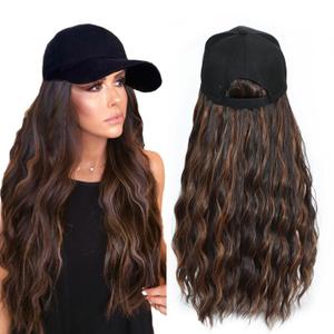 Synthetic Wig Hat with Natural Wave hair Extensions attached for woman Baseball cap wig mix brown curly wavy Hairstyle Adjustable Hat Wig (Mbrown, 22inch)