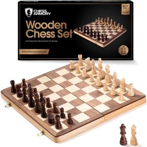 Chess Armory Wooden Chess Set 15 Inch - Classic Handcrafted Game Board for Adults and Kids with Extra Queen Pieces and Storage Box - Ideal for Home and Travel - Non-Magnetic Chess Armory Wooden Chess Set 15 Inch - Classic Handcrafted Game Board for Adults and Kids with Extra Queen Pieces and Storage Box - Ideal for Home and Travel - Non-Magnetic