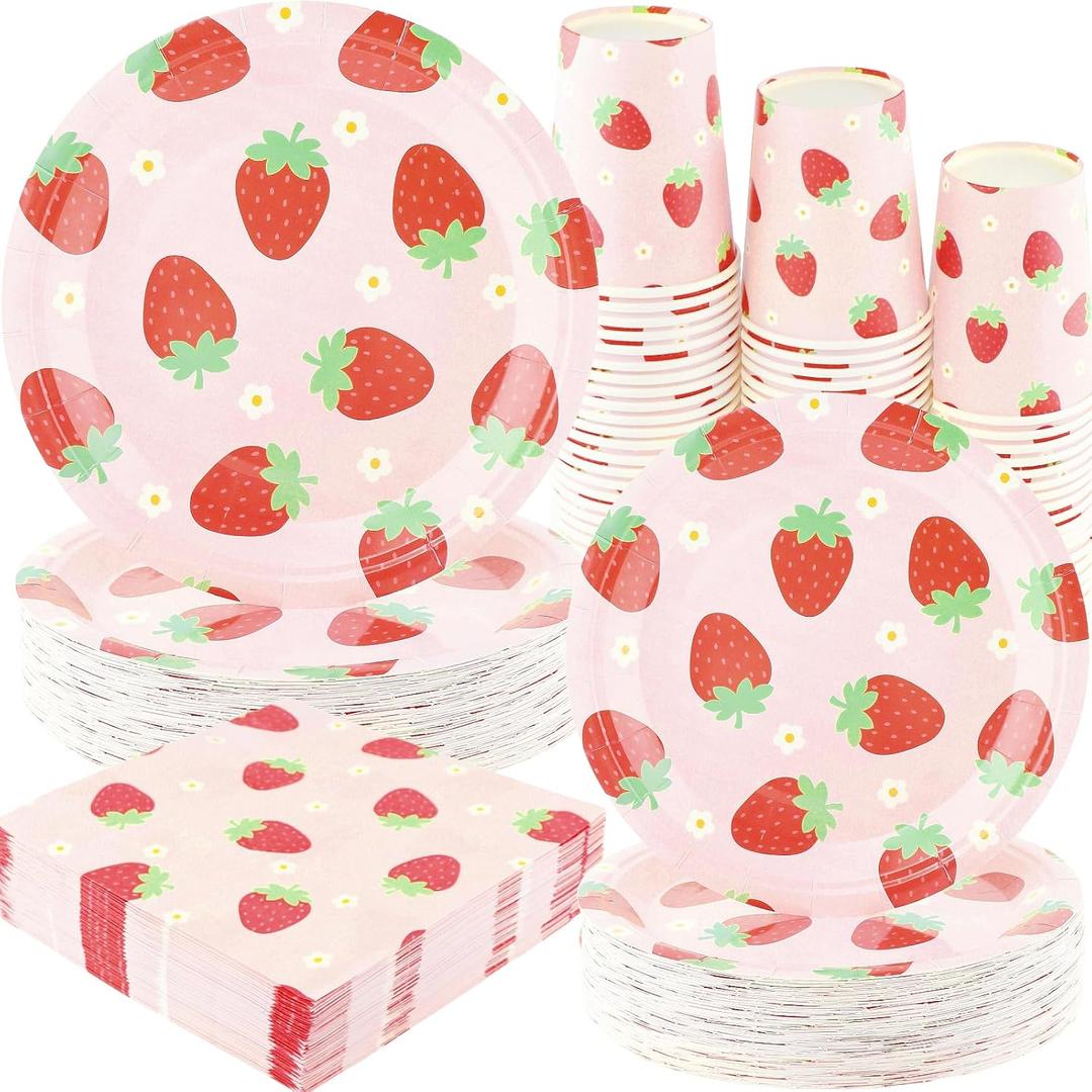 Strawberry Party Tableware Set - 200PCS Birthday Supplies Disposable Paper Plates Dinnerware Set for 50 Guests Baby Shower Fruit 1st