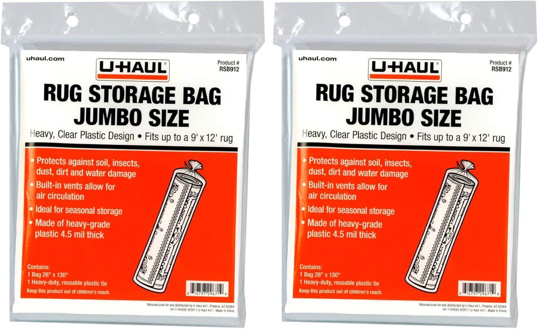 U-Haul Jumbo Rug Storage Bags - Fit Rugs up to 9' x 12' - 26" x 130" Bags - Pack of 2