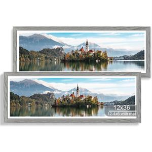 12x36 Picture Frame 2 Packs, Real Glass and Grey Wood Frame, Display Collage Pictures Twelve 4x6 With Mat or Pennant 12 x 36 Without Mat - Horizontal or Vertical Wall Mounting
