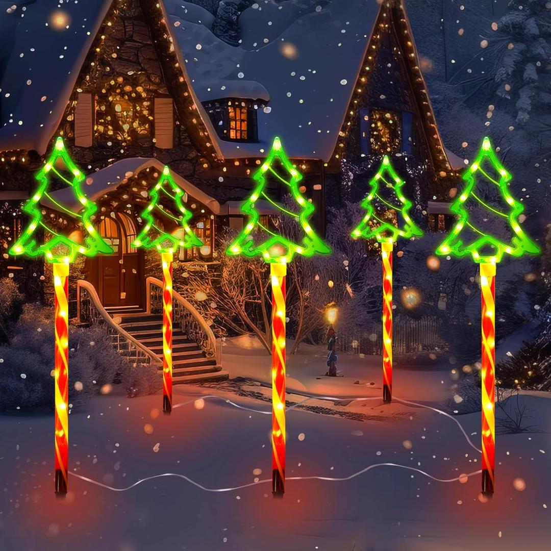 Outdoor Christmas Decorations Lights, 5 in 1 Candy Cane Christmas Tree Lights with 8 Modes, Christmas Pathway Lights Outdoor Waterproof, LED Christmas Outside Lights for Yard Path Garden Decor (Warm)