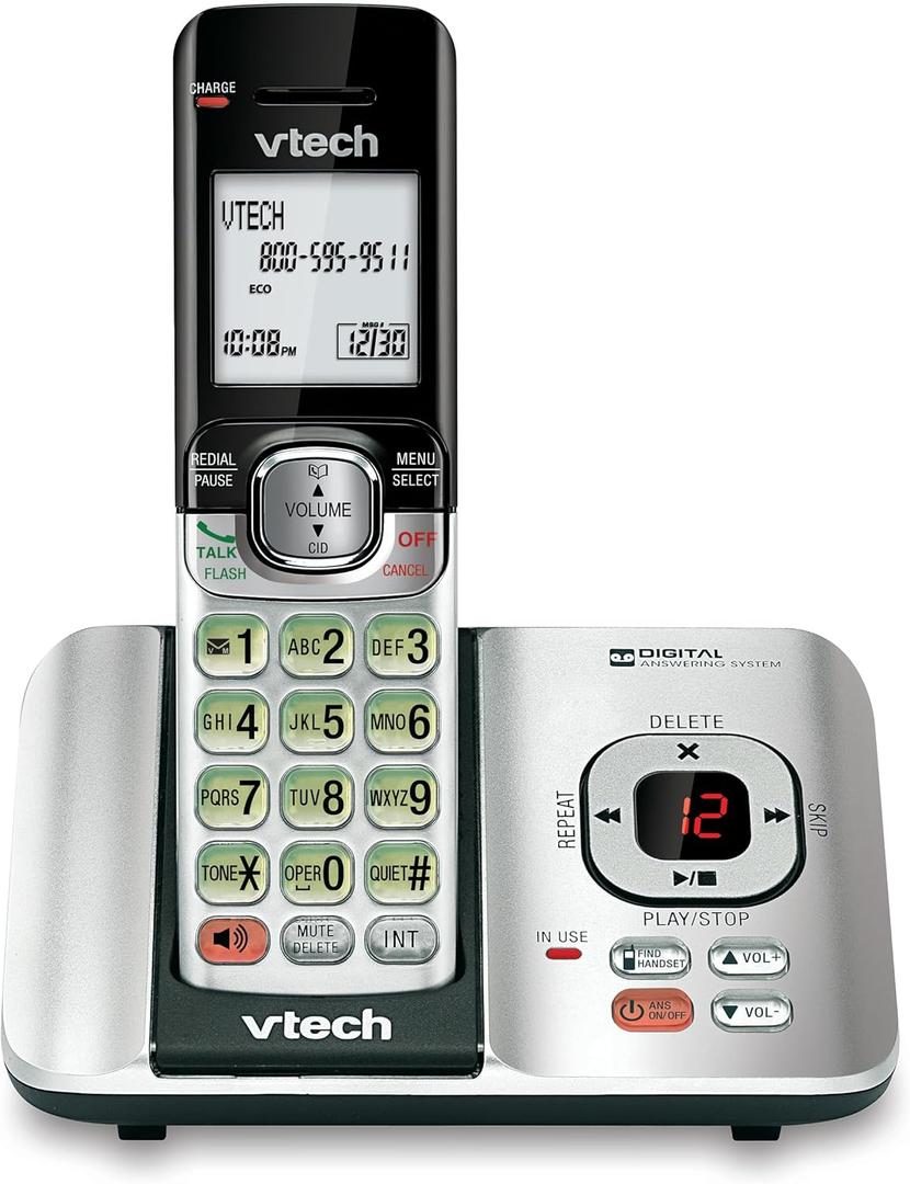 VTech CS6529 1-Handset Cordless Phone with Answering Machine, Caller ID/Call Waiting, DECT 6.0 Expandable, Handset Speakerphone, Silver/Black