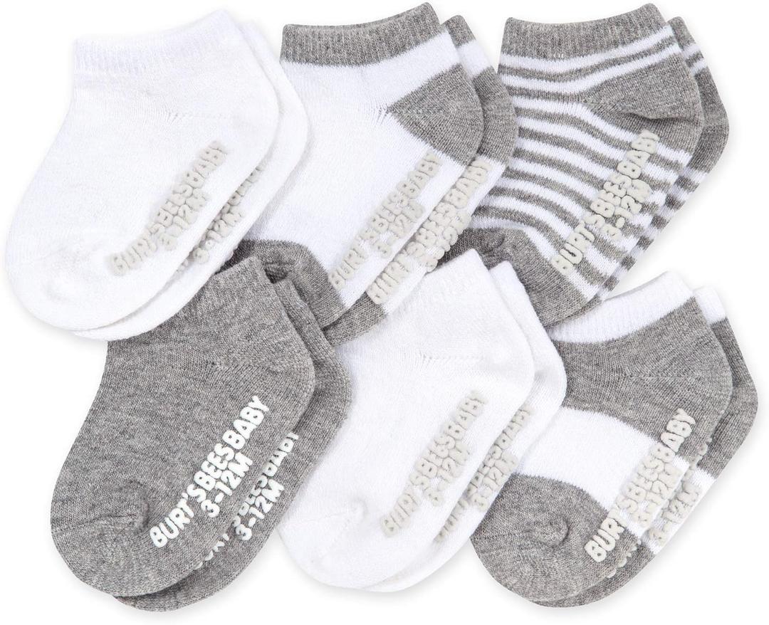 Burt's Bees Baby Unisex Baby Socks Ankle or Crew Height Made with Soft Organic Cotton, 6 Packs with Non-Slip Grips for Babies (0-3 Months, Heather Grey Multi)