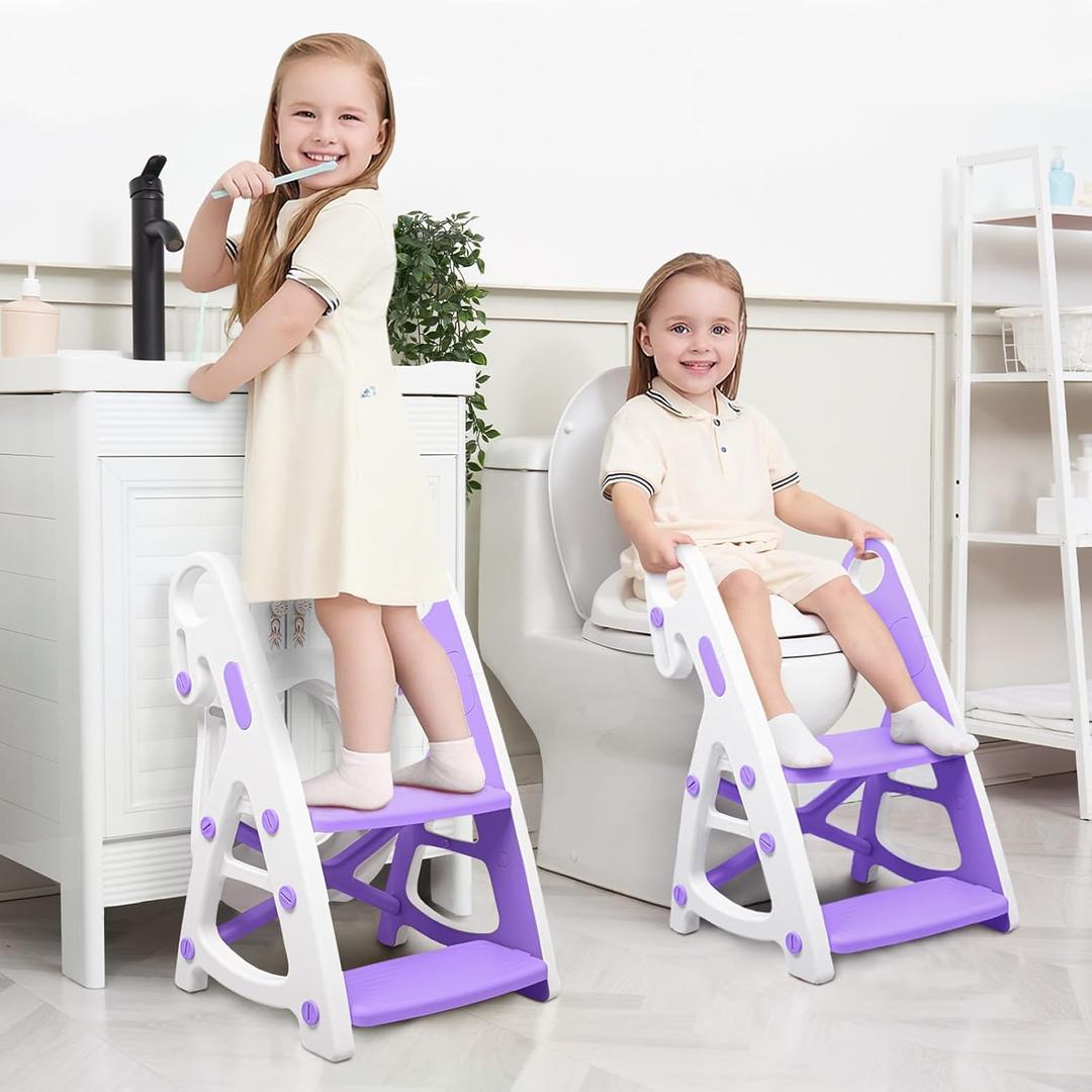 Potty Training Seat, Primlect Upgrade Ultra-Stable Toddler Toilet Seat for Kids Boys Girls, 2 in 1 Potty Training Toilet with Step Stool, Adjustable Seat and Ladder, Non-Slip Pad, Splash Guard(Purple