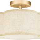 Gold Semi Flush Mount Ceiling Lights, 4-Light 14" Gold Light Fixtures Ceiling Mount with Fabric Shade in Quatrefoil Shape, Drum lighting fixture for Nursery Bedroom Kitchen, AD-22007-4SF-GD-B