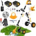  Electric Weed Wacker Cordless, 3-in-1 Weed Eater Cordless with Battery Powered, Lawn Mower/Grass Trimmer/Lawn Edger with 3 Types Blades, Battery Weed Wacker with Wheels (2 Battery, Yellow)