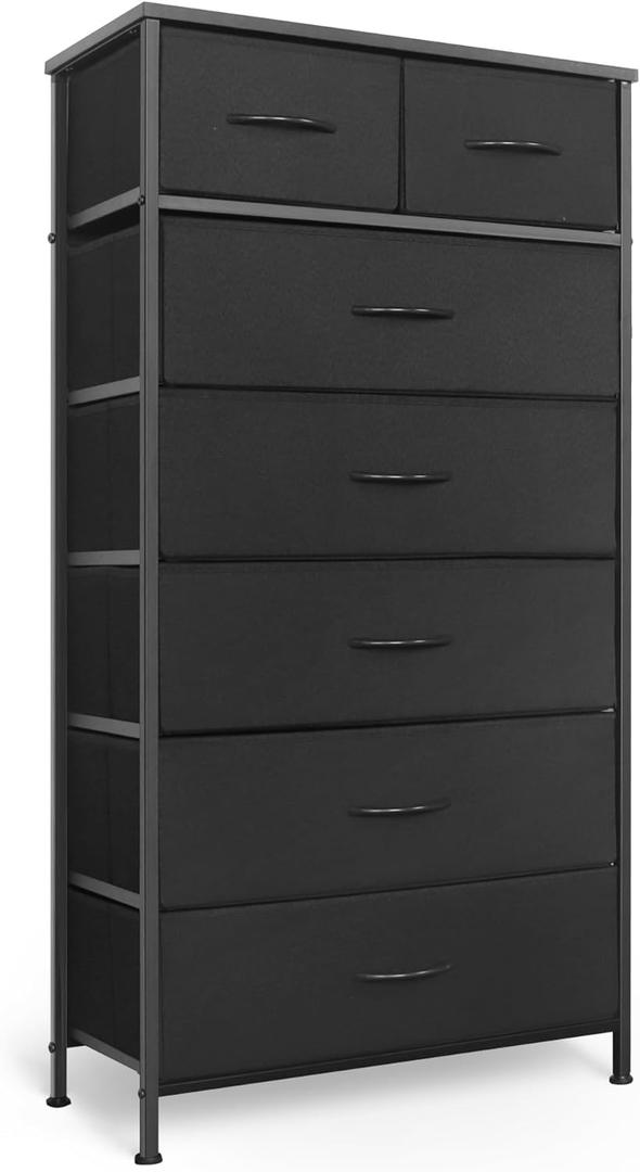 Mifuro Tall Dresser for Bedroom, Vertical Storage Organizer Tower with 7 Drawers, Chest of Drawers with Fabric Bins, Steel Frame, Wood Top for Bedroom, Closet, Entryway- Black
