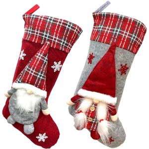 Meajore 2 Pcs Christmas Stockings New Set, 3D Gnomes Santa Christmas Stockings Personalized (18inch) Soft Classic Red and Grey Fireplace Hanging for Family Holiday Xmas Party Decorations