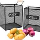 Set of 2 Potato and Onion Storage Bin, Metal Mesh Onion and Potato Baskets with Wooden Handle, Potato Bin Onion Holder, Kitchen Pantry Organizers and Storage for Onion Potato Fruit Vegetable