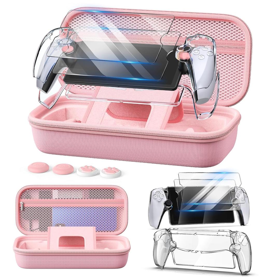 Auarte 12 in 1 Accessories Set for PlayStation Portal Remote Player, Hard Carrying Case for PS Portal with Clear Skin Case for PS5 Portal, 2 Screen Protector with 4 Thumb Grip, Princess Pink