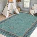 Washable 5x8 Teal Rug for Living Room, Boho Area Rugs for Bedroom Under Bed, Modern Floral Low-Pile Non Skid Carpet for Dining Room Under Table, Stain Resistant Vintage Home Décor