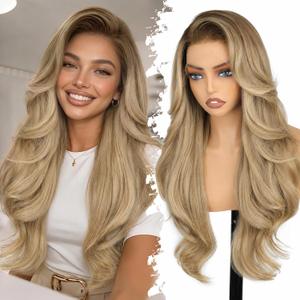 Eawwii 13x4 HD Lace Front Glueless Wigs for Women Ombre Blonde Long Layered Wave Wig Natural Hairline Heat Resistant Synthetic for Daily Use Beginner Friendly 26 Inch