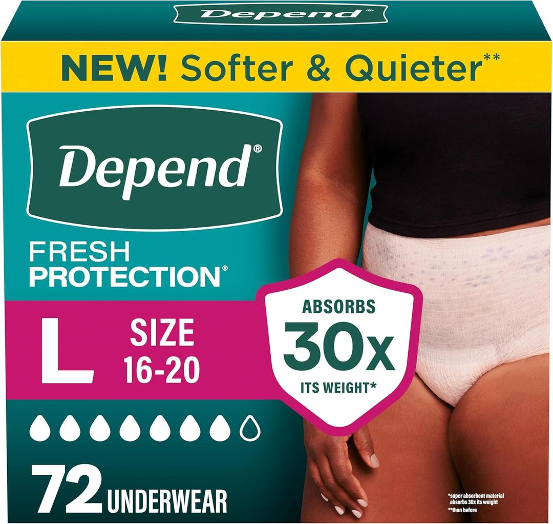 Depend Fresh Protection Adult Diapers, Incontinence Underwear for Women, Disposable, Maximum, Large, Blush, 72 Count (2 Packs of 36)