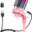 NJSJ USB Microphone for PC, Gaming Mic for PS4/ PS5/ Mac/Phone,Condenser Microphone with Touch Mute, RGB Lighting,Gain knob & Monitoring Jack for Streaming,Podcasting (with Desktop Stand, Pink)