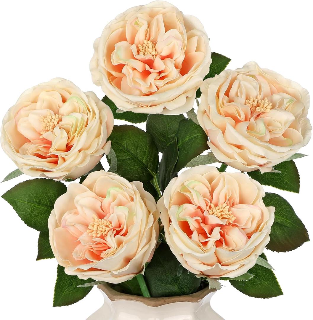 5Pcs Peonies Artificial Flowers Real Touch Austin Roses 23.6 Inch Long Stem Fake Flowers for Decoration Latex Rose Peony for Vase Wedding Valentines Day Party Arrangement Home Decor - Light Champagne