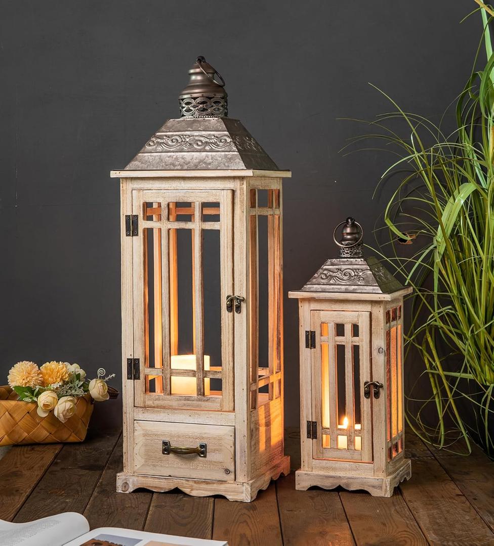 TIMRIS Large Rustic Wooden Metal Decorative Lantern Set of 2, Modern Farmhouse Floor Candle Lanterns with Drawer, Indoor/Outdoor Hanging Lanterns for Home Decor