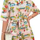 PRETTYGARDEN Womens Rompers for Summer 2025 Beach Vacation Clothes Short Sleeves Floral Jumpsuits Beach Cover Up (X-Large, White+blue Leaf)