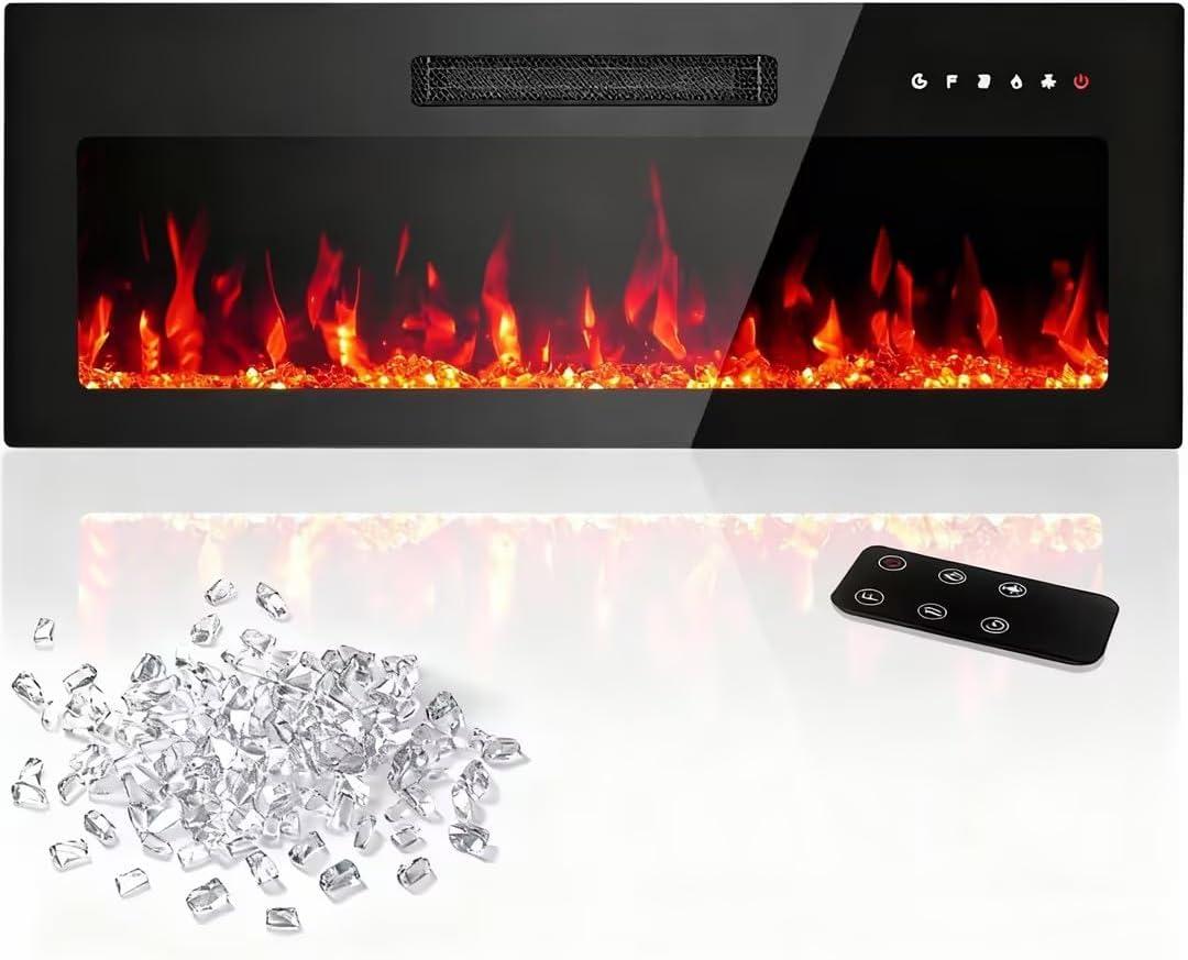 36" Electric Fireplace Insert, Wall Mounted & Recessed Heater, Slim Freestanding Indoor Fireplace with Remote Control, Adjustable Flame Colors & Brightness, Timer, 750W/1500W