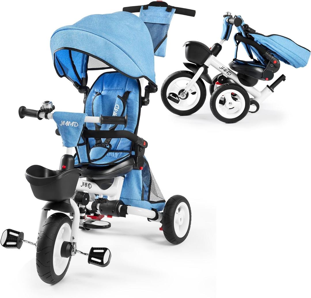 JMMD 8 in 1 Tricycle Stroller with Push Handle, Foldable Trike with 360 Swivel Seat, Reclining Backrest, All-Terrain Wheels, Dual Brakes, Canopy & Storage, Gift for Kids 18 Months to 5 Years, Blue