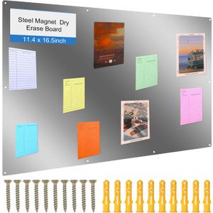 Ireer Magnetic Board Steel Magnet Bulletin Boards for Walls to Display Magnetic Notes Photos for Home Office Classroom, Pre Drilled with Screws and Dry Wet Erase Feature (Steel Color,17 x 11 Inch)