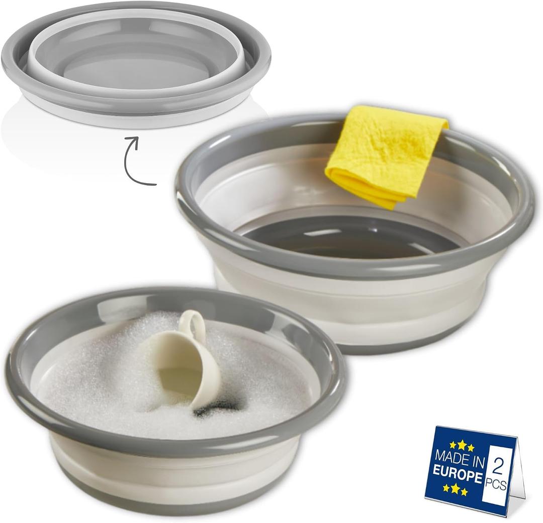 Hakan Collapsible Multipurpose Washing Tub Set of 2 | Foldable Round Dish Bins | Space Saving Portable Sink for Kitchen, Camping, RV | Plastic Washbin, 2-Pack, 9 L-5L, Gray