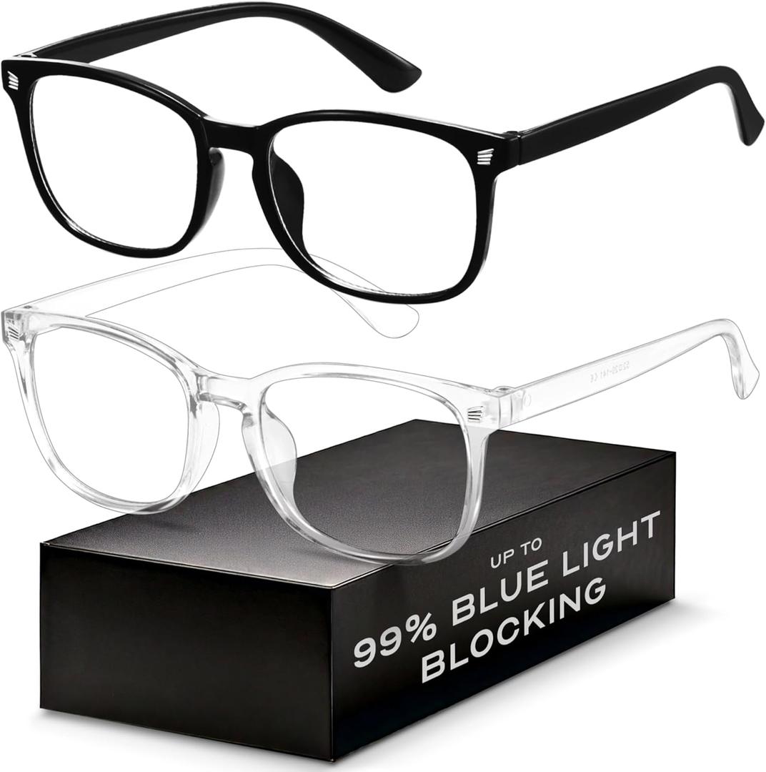 Blue Light Blocking Glasses - Fashion Square Eyeglasses, Anti UV Ray Computer Gaming Glasses Blue Blockers for Women/Men (*Black & Transparent)