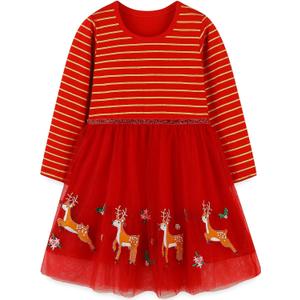 Bumeex Girl's Long Sleeve Dresses Cotton Christmas Cute Embroidery Applique Swing A-Line Casual Tunic Playwear 2-13 Years (Red)