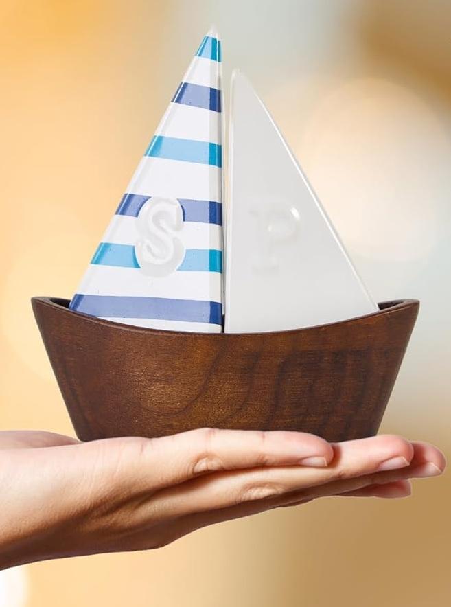 Handcrafted Ceramic Cute Sailboat Salt And Pepper Shaker with Cherry Wood Base/Boat Elegant (2 Pcs Set) Gift Shakers Set Compact Cooking, Kitchen and Dining Room, Classic, Refillable