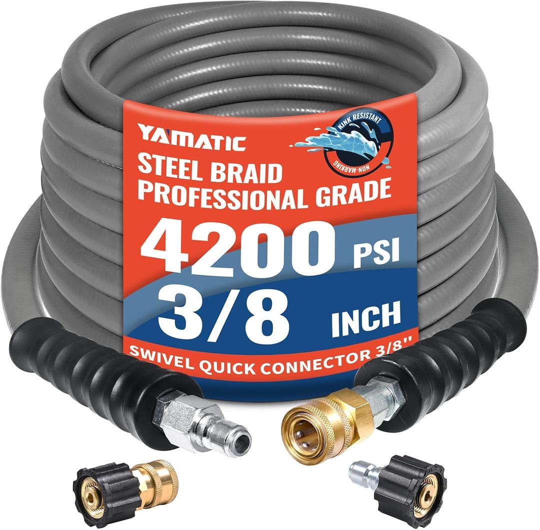 YAMATIC Non Marking 3/8" Pressure Washer Hose 35FT 4200 PSI, Kink Resistant Swivel 3/8" Quick Connect, Rubber Steel Braided Wear Resistant Industry Grade for Hot/Cold Water Gas Power Washer