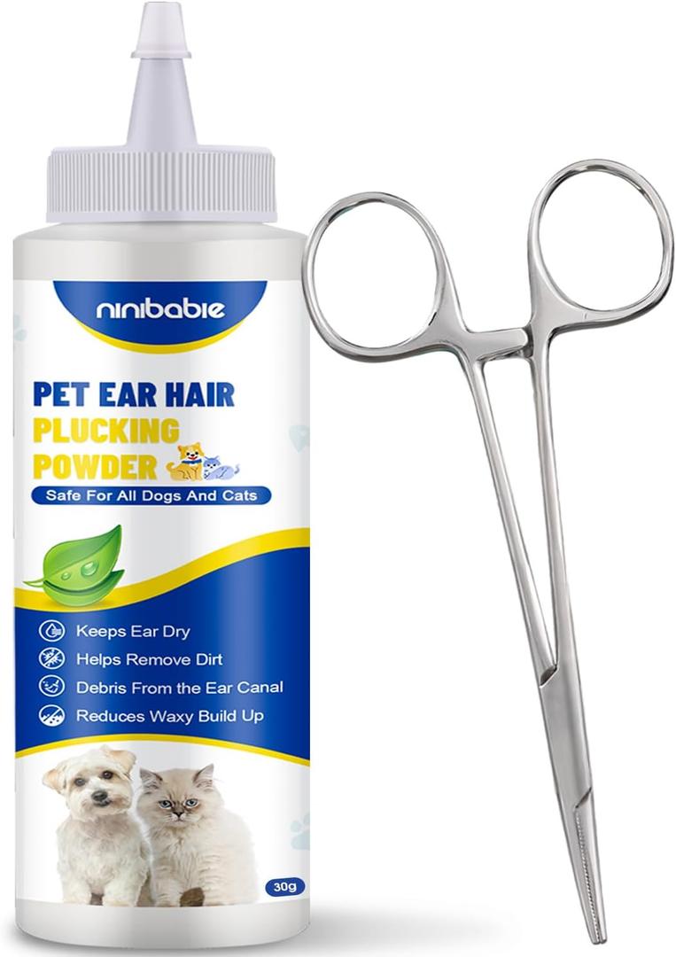 Ninibabie Upgraded Dog Ear Powder with 5.5 Inch Hair Removal Tool, Pet Ear Grooming Cleaner for Wax and Odor Control, Keeps Ears Dry & Soothes Itchiness