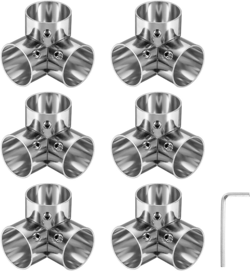 uxcell 6Pcs Stainless Steel Elbow Corner Cross Pipe Connectors, 3 Way End Rails Clamp with Wrench, 1" Fit Pipe Dia, Silver