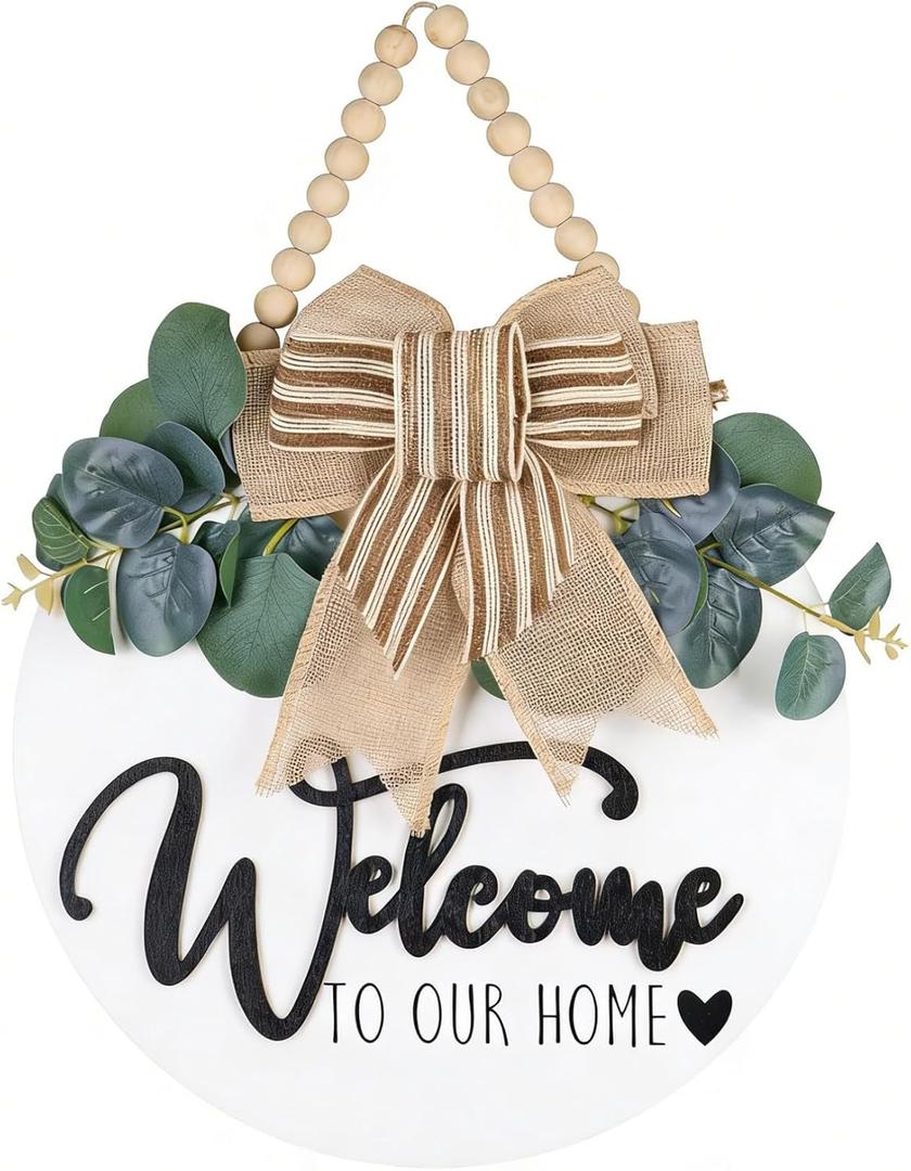 Welcome Sign for Front Door Round Wood Sign Hanging for Farmhouse porch Door Decoration (White)