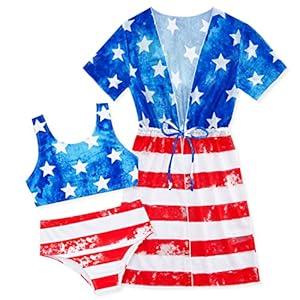 Enlifety Girls 4th of July Swimsuit Size 8 9 American Flag Bathing Suit Red White Blue Star and Stripes Swimwear Independence Day Patriotic Bikini Set, 9T