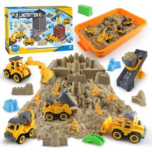 Construction Sandbox with Lid - 4 Vehicles with 1 Conveyor, 8 Castle Molds, 6 Figures & 3lbs Moldable Sand - Preschool Sensory Bin for Fine Motor Skills, Ages 3-6