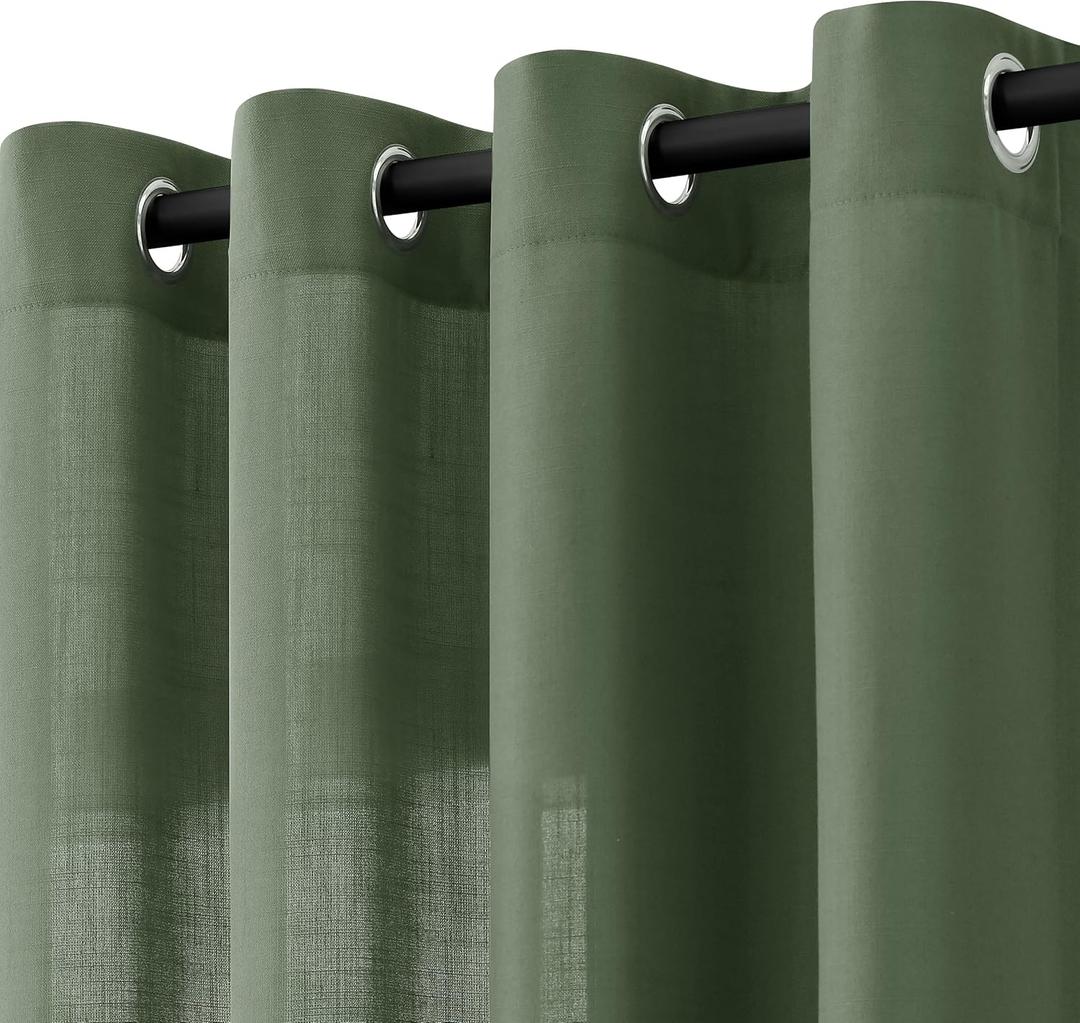 Olive Green Linen Curtains 96 Inch Length 2 Panels for Living Room Bedroom, Light Filtering Sheer Curtains, Elegant Modern Grommet Semi Sheer Soft Privacy Drapes, Olive Green