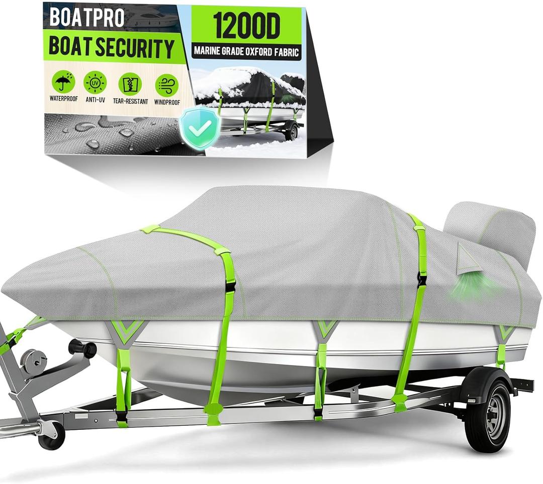 1200D Waterproof Boat Cover with Motor Cover, Solution-Dye Marine Canvas Trailerable Boat Cover 14-16ft for 14 feet 15ft 16' Foot V-Hull Bass Boat Tri-Hull Runabout Boat,Deep Gray (Length: 14'-16', Beam Width: up to 68")