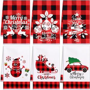 Tatuo 6 Pieces Christmas Decorative Hand Towels Embroidered Santa Reindeer Snowman Christmas Tree Dish Towels Soft Fabric Bathroom Towel for Home Kitchen Bathroom Cleaning (Grids Style)