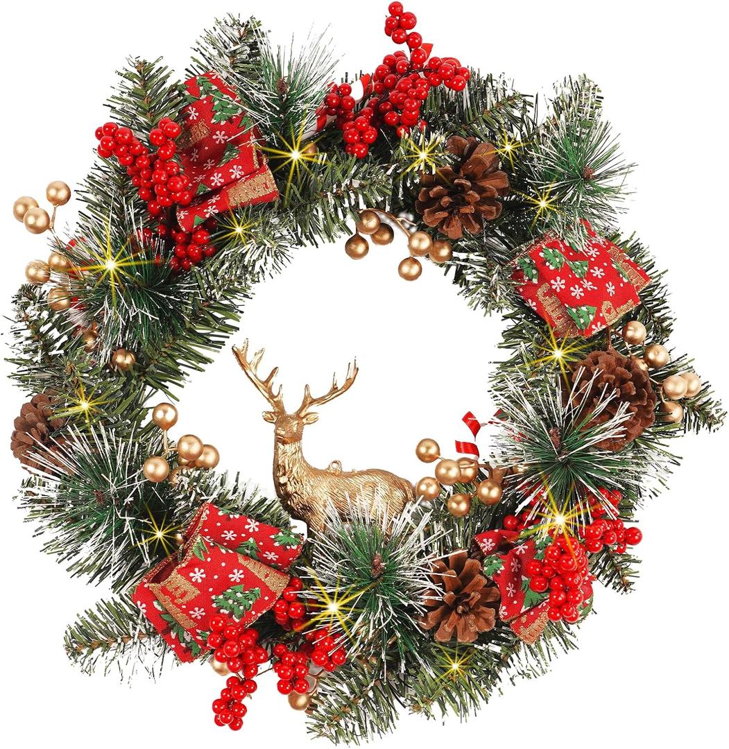 Christmas Wreaths for Front Door 16 Inch, Artificial Christmas Wreath with Light, Pre-Lit Winter Wreaths with Pine Cones, Berry Clusters Reindeer, Xmas Wreaths for Indoor Outdoor Window Porch Decor