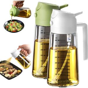TrendPlain 16oz/470ml Glass Olive Oil Sprayer for Cooking – 2 in 1 Olive Oil Dispenser Bottle for Kitchen Gadgets and Air Fryer Accessories, Salad, BBQ - White & Green