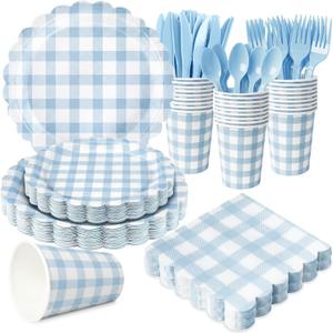 175 PCS Blue Gingham Party Supplies Includes Light Blue Gingham Paper Plates, Cups, Napkins, Cutlery for Wedding Bridal Shower Birthday Baby Shower Party Decorations, Serves 25