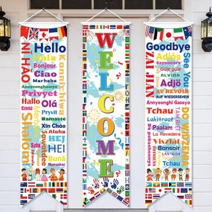 party greeting 3PCS International World Flags Decorations Country Flags of the World Banner Welcome World Porch Sign Banner Around the World Door Banner Soccer Sports Party Supplies Classroom Decors
