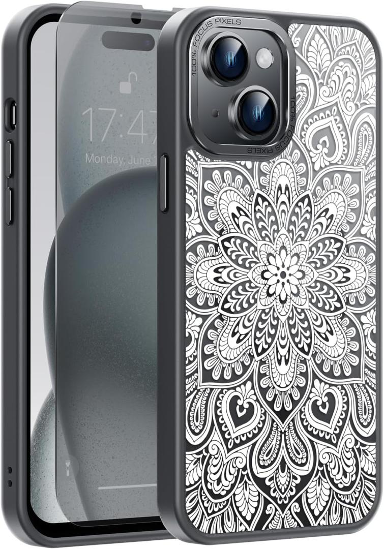 Goodon for iPhone 15 Plus Case with Privacy Screen Protector, Compatible with Magsafe, Shockproof Translucent Matte Cover - Cute Floral Design Phone Case for Women and Girls - Mandala Flower