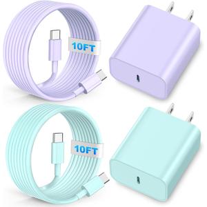 Phone 16 15 Chargers Fast Charging 20W USB C Charger 10FT Type C Charging Cable Charger with 2 Pack Type C Wall Chargers for Phone 15/16/17 Plus/Pro/Max/Pad Pro - Purple Green