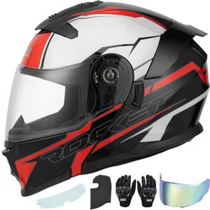 Modular Motorcycle Helmets Full Face Flip up Street Bike Motorcycle Helmet for Unisex Adult Model 912 (Medium, Rocket Black)