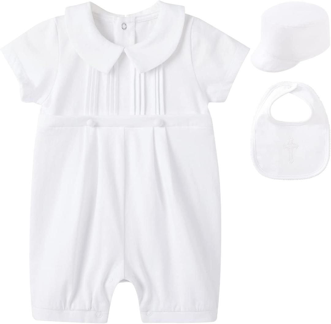 pureborn Unisex Baby Jumpsuit Infant Boys Girls Cotton Spring Fall Romper One-Piece Coverall Baptism Outfit White  (9-12 Months)