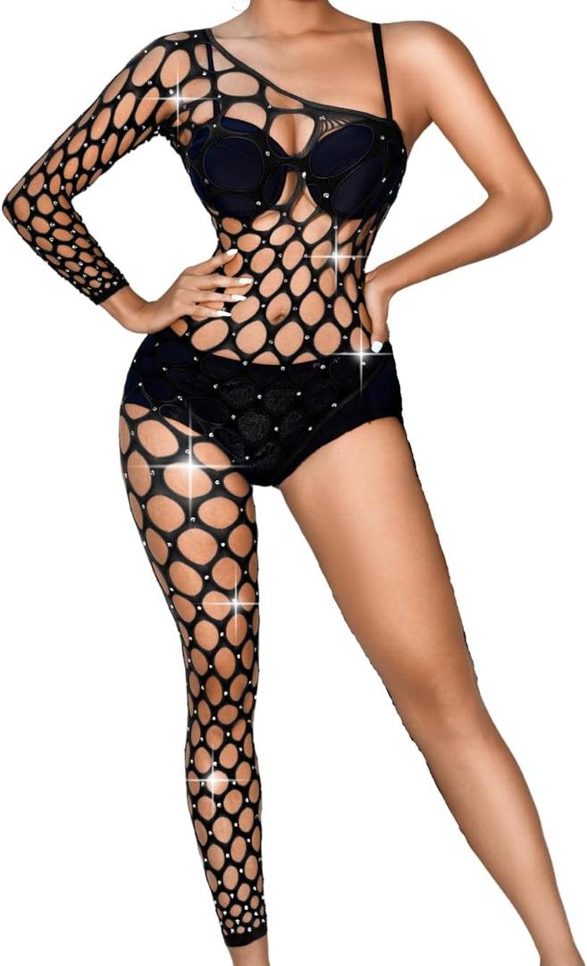Kaei&Shi Rhinestone Fishnet Bodysuit,One Shoulder Sheer Mesh Jumpsuit,Exotic Dancewear,Sexy Glitter Rave Outfits For Women (Black)