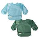 Tiny Twinkle Mess Proof Baby Bibs, 2pk Waterproof Smock Baby Bibs for Eating, Machine Washable Long Sleeve Bibs, Baby Led Weaning, Toddler Bibs, BLW Supplies (Slate Olive, Small 6-24 Months)