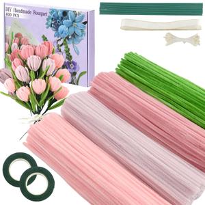 400 Pcs Pipe Cleaners Craft,4 Assorted Colors Pipe Cleaners Bulk, Chenille Stems for DIY Flower Making Kit with Floral Wires, Gardening Tape,Stamen& Ribbon (Pink)